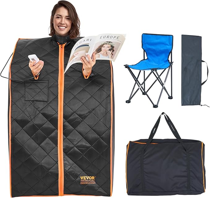 Portable Sauna Tent 1050W Personal Sauna Kit with Time & Temperature Remote Control, Chair, Floor Mat & Storage Bag