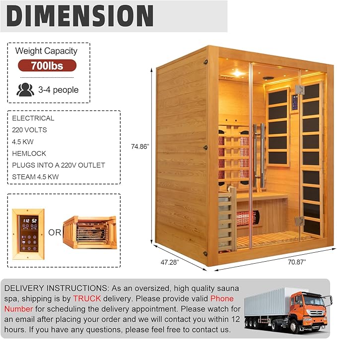 amocane 3-4 Person Dual System Wooden Sauna (Infrared + Steam)