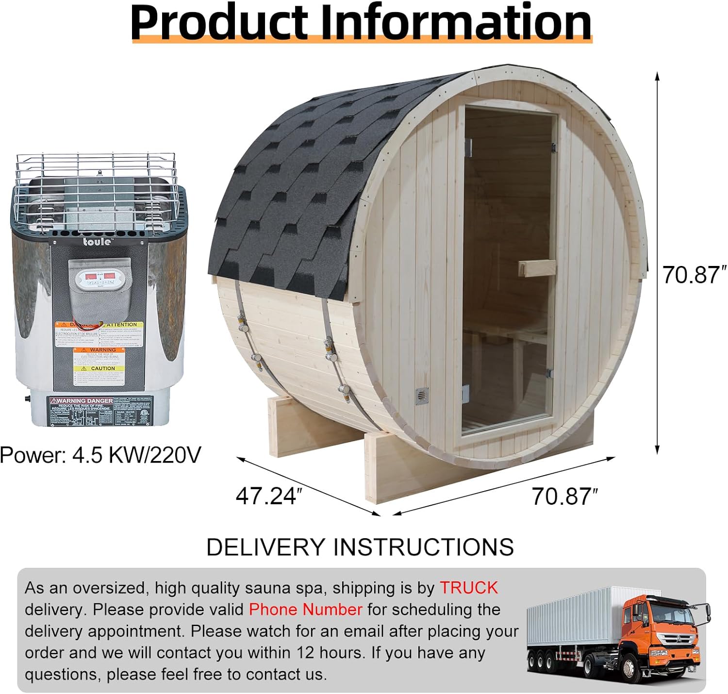 amocane Outdoor Barrel Steam Sauna 2 Person, 4.5KW Touch Heater, Low EMF, Fir Wood, ETL Certified (180x120x180cm)