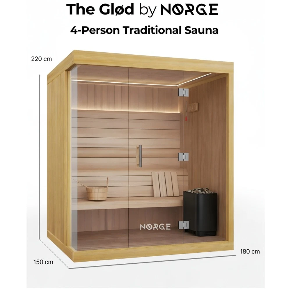 The Norge Glød Traditional Four Person Sauna Red Cedar Wood 1.8x1.5x2.2m