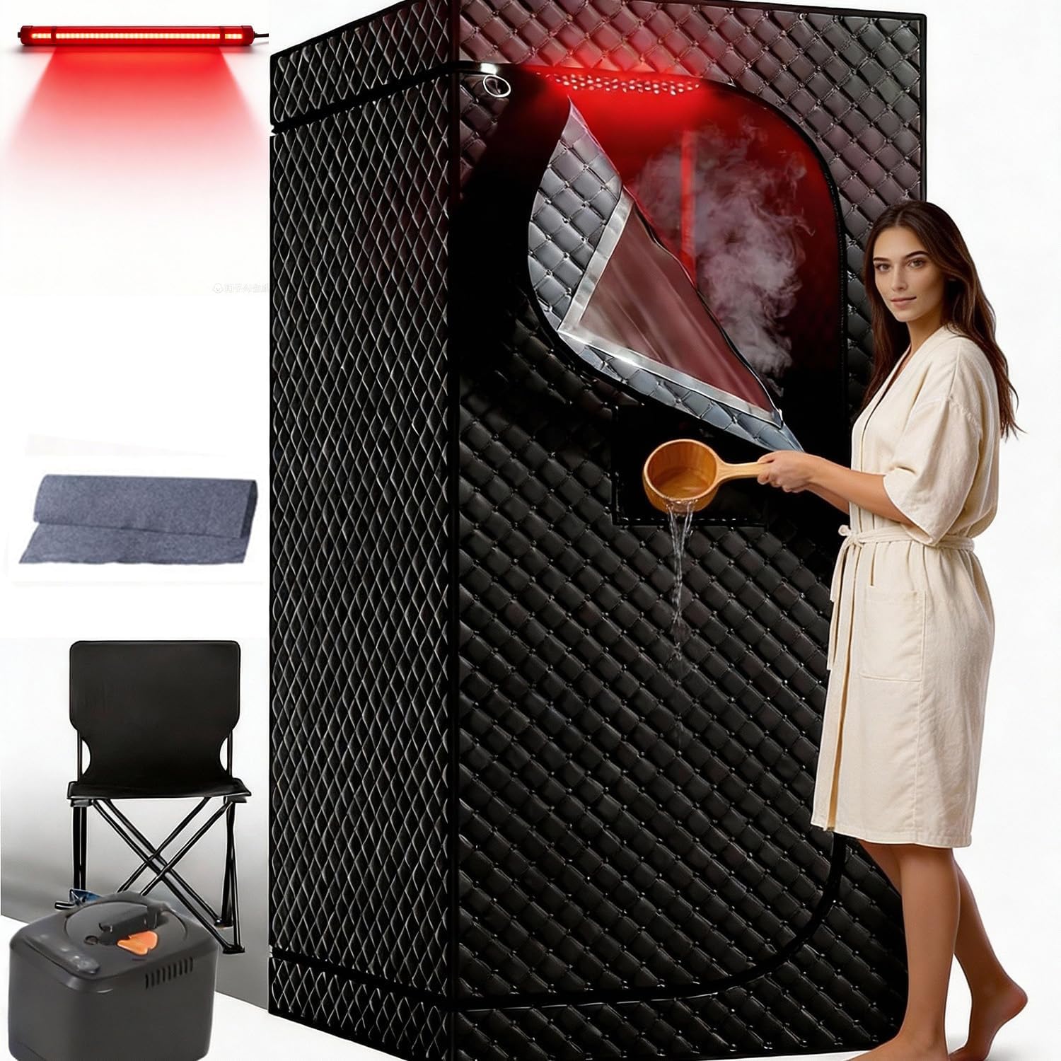 Portable Sauna Tent with Steam 660nm Red Light & 850nm Light Device, 3L Steamer, Folding Chair (90 x 90 x 180cm)